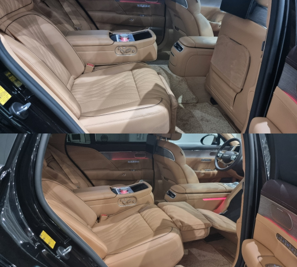 뒷좌석 VIP시트에는 레그 레스트와 풋레스트 조절이 가능해 뒤로 눕는듯한 자세를 편하게 취할 수 있다. / 사진=박성수 기자