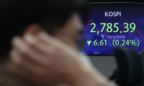 25일 명동 하나은행 본점 딜링룸 전광판에 실시간 코스피가 표시돼 있다. 이날 지수는 전장보다 5.59포인트(0.20%) 내린 2,786.41에 출발했다. / 사진=연합뉴스.