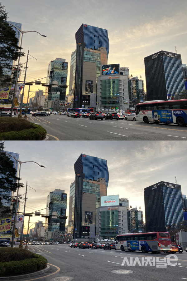 서울 강남역에서 촬영한 ’아이폰SE 3세대‘(위)와 ’아이폰SE 2세대‘(아래) 사진. 미세하지만 3세대가 2세대보다 조금 더 선명해 보인다. /사진=이호길 기자