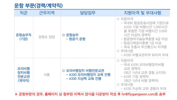 플라이강원은 지난 21일 A330 경력직 기장 채용 공고를 올렸다. / 사진=플라이강원 채용공고 캡처