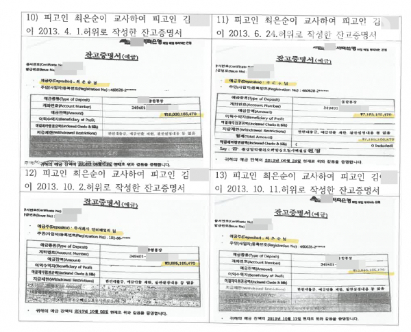 윤석열 대통령의 장모 최은순씨와 전 동업자 안아무개씨, 또다른 공범 김아무개씨가 위조한 잔고증명서 4장. / 사진=시사저널e