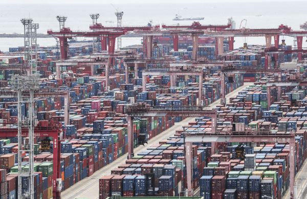 민주노총 공공운수노조 화물연대 총파업 나흘째인 10일 부산항 신선대부두 야적장에 컨테이너가 가득 쌓여 있다.  / 사진=연합뉴스