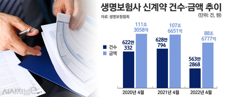 생명보험사 신계약 건수 및 금액 추이/그래픽=정승아 디자이너