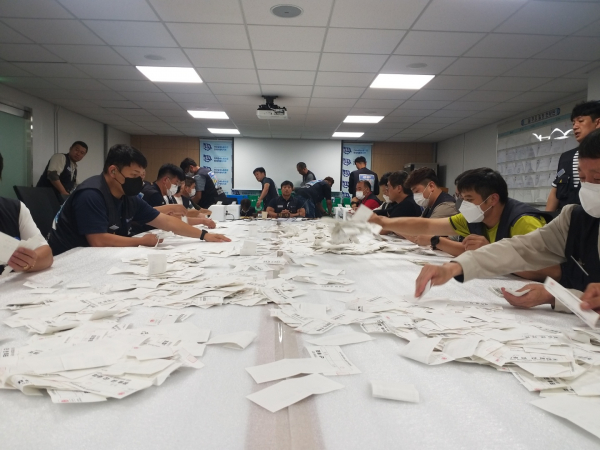 현대차 노조가 19일 노조 사무실에서 올해 임협 잠정합의안에 대한 조합원 찬반투표 개표 작업을 진행했다. / 사진=현대차 노조