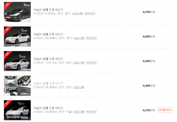 21년 3월 이후 연식 모델3의 판매가격 / 캡쳐=엔카