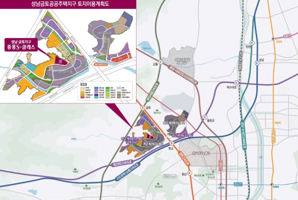 성남 금토지구 토지이용계획도 및 A3 블록 중흥s 클래스 사업장 위치 / 자료=A3블록 입주자모집공고 발췌