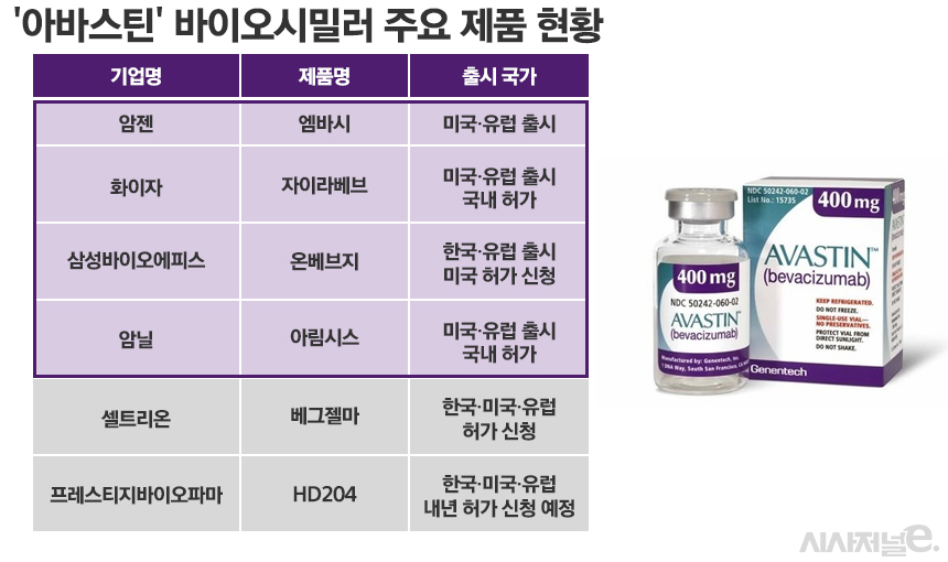 '아바스틴' 바이오시밀러 주요 제품 현황 / 그래픽=정승아 디자이너
