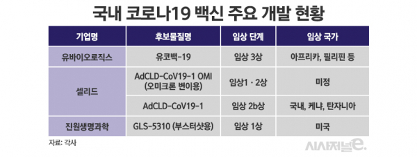 국내 코로나19 백신 주요 개발 현황./ 표=정승아 디자이너
