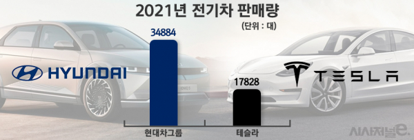 2021년 현대차그룹과 테슬라의 순수전기차 모델 판매량. / 그래픽=정승아 디자이너