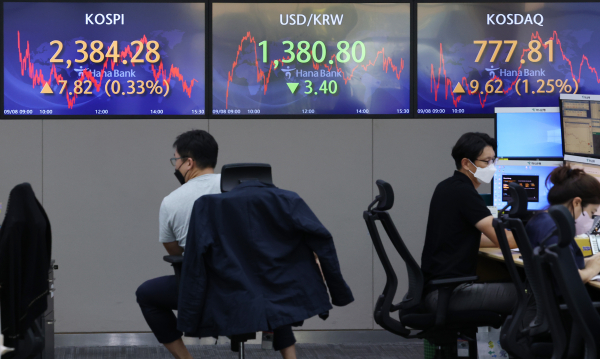 코스피가 기관과 개인 매수에 힘입어 2380대로 올라선 지난 8일 오후 서울 중구 하나은행 본점 딜링룸에서 직원들이 업무를 보고 있다. / 사진=연합뉴스