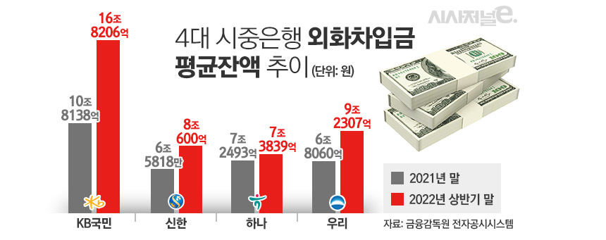 4대 시중은행 외화차입금 평균잔액 추이/그래픽=김은실 디자이너