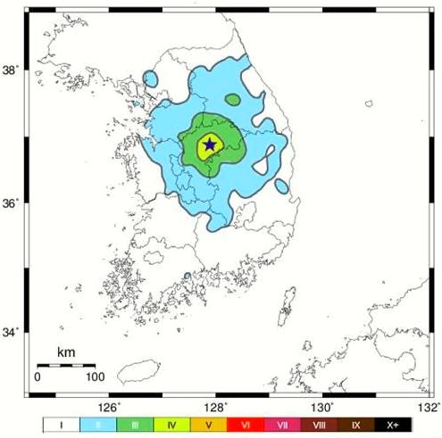 충북 괴산서 29일 오전 발생한 규모 4.1 지진의 진앙지와 주변 흔들림 정도. /사진=기상청