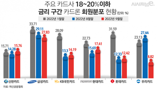 주요 카드사 18~20% 금리 구간 카드론 회원분포 현황/그래픽=김은실 디자이너