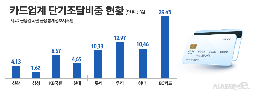 카드업계 단기조달비중 현황/그래픽=정승아 디자이너