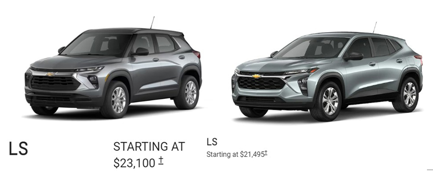 (왼쪽부터) 신형 트레일블레이저와 트랙스. 최하위 LS 트림별 가격이 나와있다. / 그래픽=정승아 디자이너