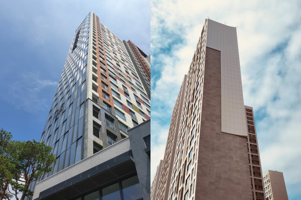 포스코의 부식에 강한 철 ‘포스맥(PosMAC)’으로 제작된 스틸아트월이 적용된 포스코건설 더샵 염주센트럴파크(왼쪽)와 GS건설 자이 프레지던스. / 사진=포스코