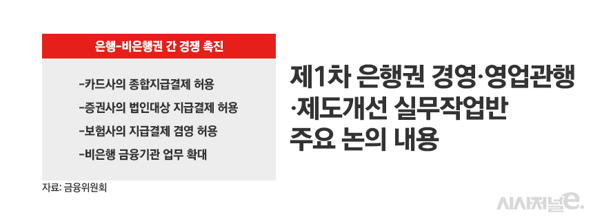 제1차 은행권 경영·영업 관행·제도 개선 실무작업 회의 논의 내용/그래픽=정승아 디자이너