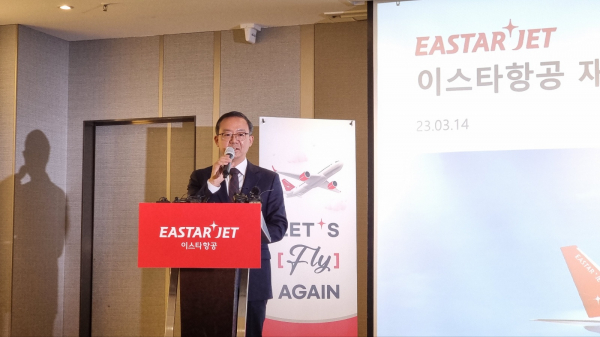 조중석 이스타항공 대표는 14일 서울 강서구 한 호텔에서 열린 기자간담회에서 향후 사업 계획을 발표했다. / 사진=박성수 기자