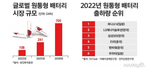 글로벌 원통형 배터리 시장 규모 및 지난해 원통형 배터리 출하량 순위. /그래픽=정승아 디자이너