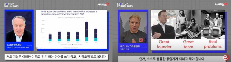 스테판 쿠에스터 스타트업지놈생태계 전략총괄(왼쪽)과 매그너스 그라임랜드 앤틀러 대표. / 유튜브 실황 캡처.