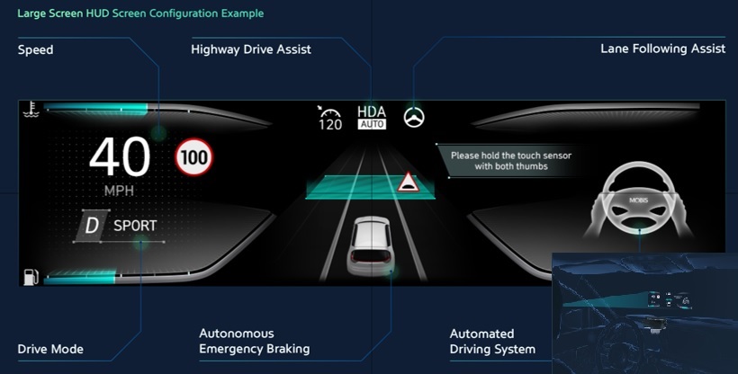 CES 혁신 어워드 수상작 ‘FALD on 25 wide screen HUD(로컬디밍 헤드업 디스플레이)’. / 사진=현대모비스