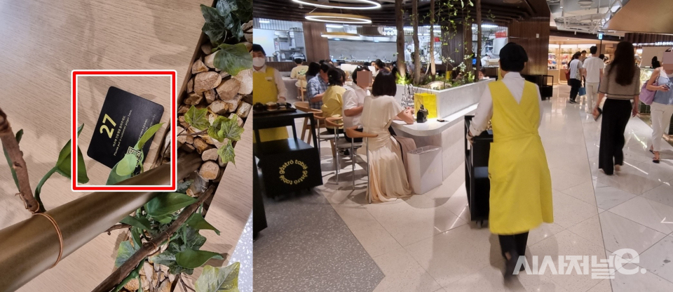 고객들은 가스트로 테이블에서 식탁마다 붙어있는 QR코드(사진 왼쪽)를 통해 메뉴 선정부터 주문, 계산까지 원스톱으로 해결 가능하다. 가스트로 테이블에서는 직원이 직접 고객이 주문한 음식을 자리까지 가져다준다(사진 오른쪽). / 사진=한다원 기자