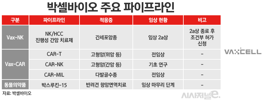 박셀바이오 주요 파이프라인./ 표=정승아 디자이너