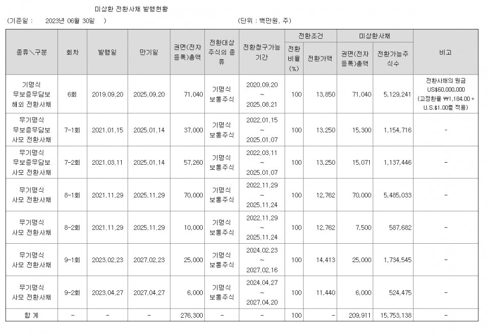 롯데관광개발 미상환 전환사채 내역/반기보고서 캡쳐