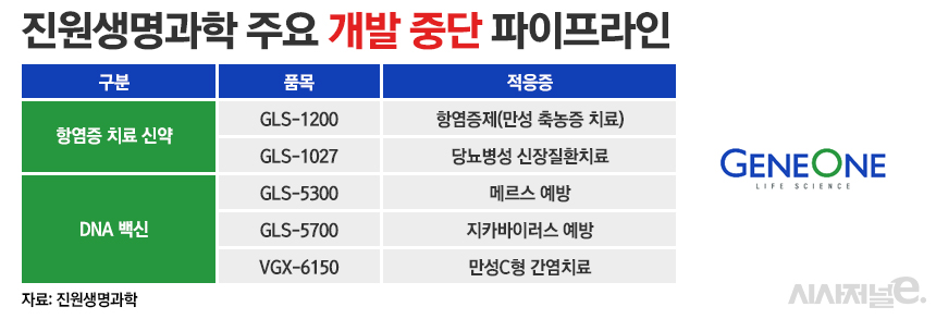 진원생명과학 주요 임상 중단 파이프라인./ 표=정승아 디자이너