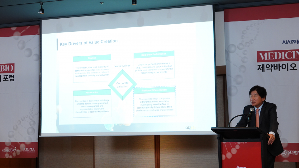 12일 서울 용산구 그랜드하얏트 서울에서 시사저널e 주최로 개최된 제3회 제약바이오국제포럼(MBF 2023)에서 이상훈 에이비엘바이오 대표가