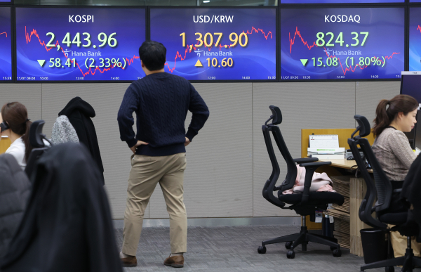 공매도 전면 금지 이틀째인 7일 오후 서울 중구 하나은행 본점 딜링룸에서 직원들이 업무를 보고 있다. 이날 코스피가 전장보다 2% 넘게 하락해 2440대로 내려섰다. 코스닥 지수도 전장보다 15.08포인트(1.80%) 내린 824.37로 장을 마쳤다. / 사진=연합뉴스.
