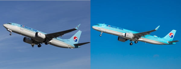 대한항공의 여객기인 보잉 737-8(왼쪽), 에어버스 321NEO. / 사진=대한항공