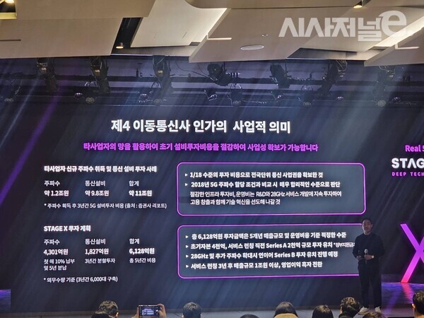 서상원 스테이지엑스 대표가 ７일 서울 여의도 페어몬트 앰베서더 호텔에서 열린 기자간담회에서 ‘제4이동통신' 사업 관련 발표를 진행하고 있다. / 사진 = 김용수 기자