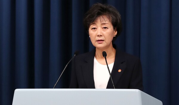 2022년 7월 29일 당시 박순애 사회부총리 겸 교육부 장관이 서울 용산 대통령실 청사에서 브리핑하고 있다. / 사진=연합뉴스