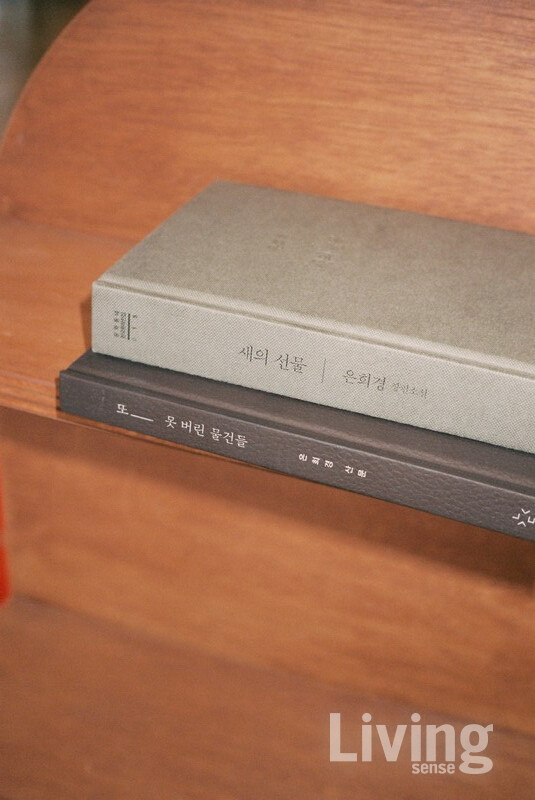 «새의 선물»은 그녀의 첫 번째 장편소설이다. 100쇄를 찍은 책으로 그녀를 온전히 창작에 전념하도록 도와준 선물 같은 책이다. 그 아래는 가장 최근에 낸 산문집이다. 물건에 대한 글이 가볍지만 깊이 있는 공감을 하게 한다. 첫째와 막내가 서로 포옹하고있는 것 같다.