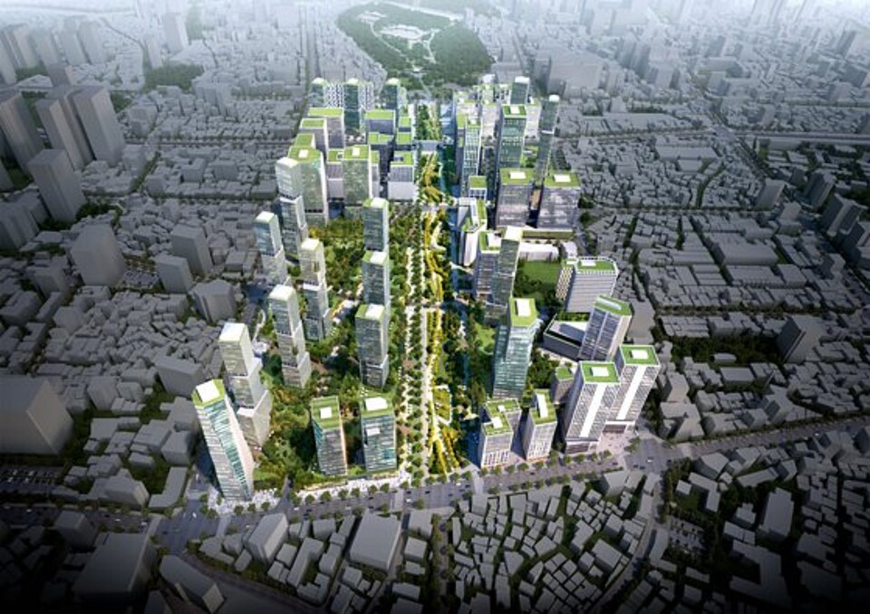 세운지구 개발 조감도. 개발 부지 위쪽에 종묘가 자리하고 있다  / 자료=서울시