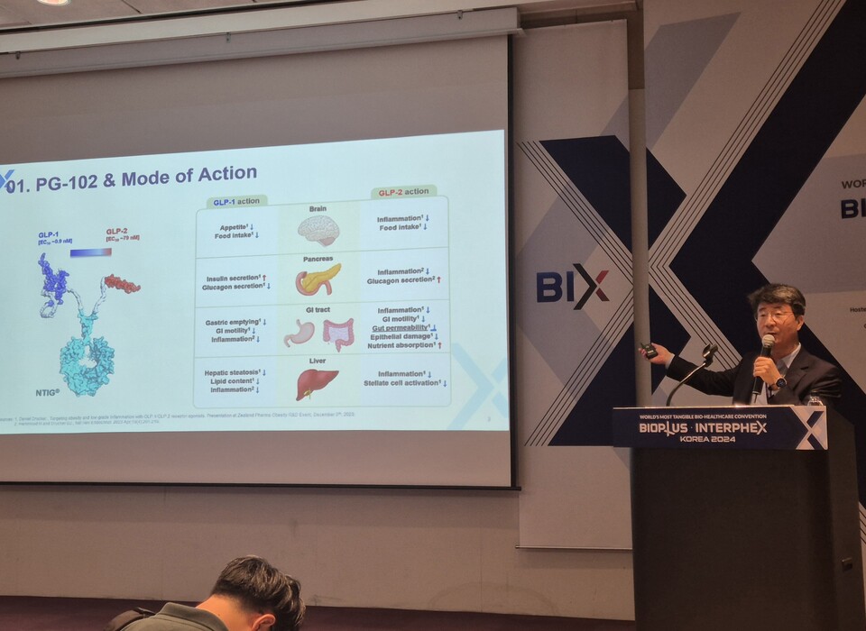 10일 서울 삼성동 코엑스에서 열린 바이오플러스-인터펙스 코리아(BIOPLUS-INTERPHEX KOREA, BIX) 2024에서 김종균 프로젠 대표이사가 비만·당뇨치료제 적응증 확장에 대해 발표하고 있다./ 사진=최다은 기자
