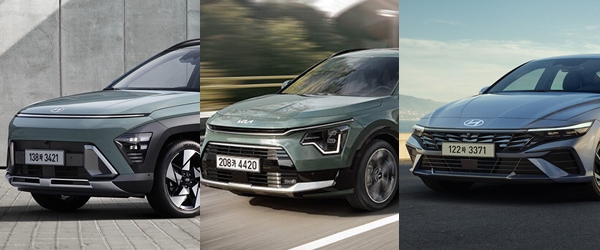 현대자동차, 기아의 준중형 이하 차급의 하이브리드 모델. 왼쪽부터 코나 하이브리드, 니로 하이브리드, 아반떼 하이브리드. / 사진=각 사
