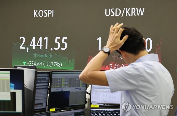 5일 오전 서울 중구 하나은행 본점 딜링룸 현황판에 코스피가 표시돼 있다. 이날 코스피는 전장보다 234.64포인트(8.77%) 내린 2441.55로 마감했다. / 사진=연합뉴스.