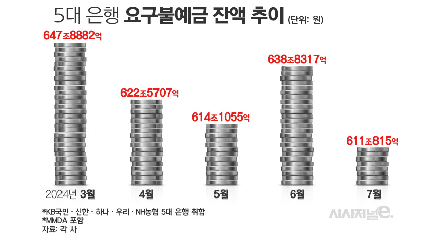 5대 은행 요구불예금 잔액 추이/그래픽=김은실 디자이너