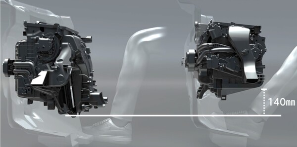 한온시스템이 지난 8일 공개한 최신 공조시스템 Thin HVAC. 기존보다 크기를 30% 가량 축소해 차량 실내공간을 더욱 확장하고 전력 소비 절감, 저소음 설계가 가능하다. / 사진=한온시스템