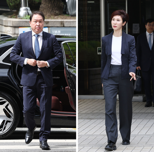 최태원 SK 회장(왼쪽)과 노소영 아트센터 나비 관장이 올해 4월 서울고등법원에서 열린 이혼 소송 항소심 공판에 참석하는 모습. / 사진=연합뉴스