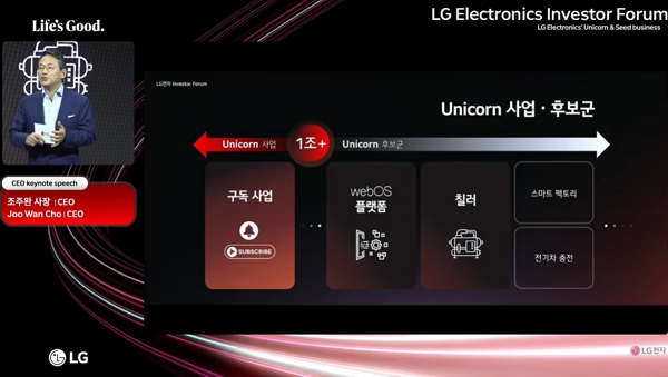 조주완 LG전자 대표이사 사장이  21일 마곡 LG사이언스파크에서 열린 인베스터 포럼에서 연매출 1조원 이상의 유니콘 사업군 후보에 대해 소개하고 있다. / 사진=LG전자 유튜브 실시간 방송 캡처