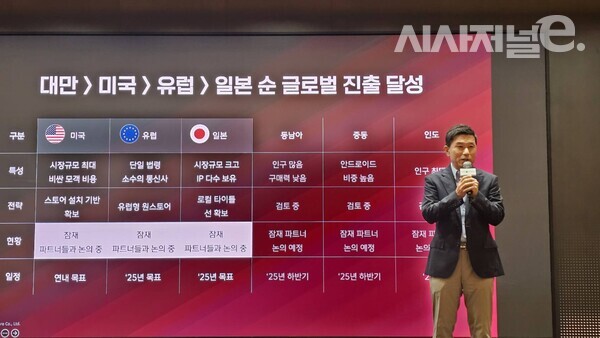 전동진 원스토어 대표가 28일 서울 중구 SK텔레콤 본사에서 열린 기자간담회에서 글로벌 사업 전략을 발표하고 있다. / 사진 = 김용수 기자