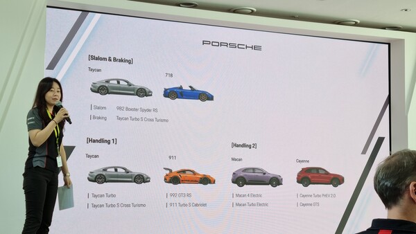 주현영 포르쉐 코리아 이사가 행사에 투입된 주요 차량을 소개하고 있다. / 사진=최동훈 기자