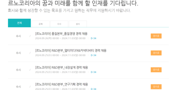 르노코리아가 이날 채용 사이트에 게재한 채용 공고 목록. / 사진=르노코리아 공식 홈페이지 캡처