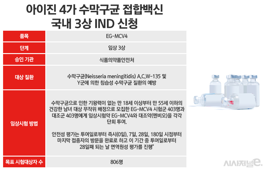아이진 4가 수막구균 접합백신 국내 3상 IND 신청./ 표=정승아 디자이너
