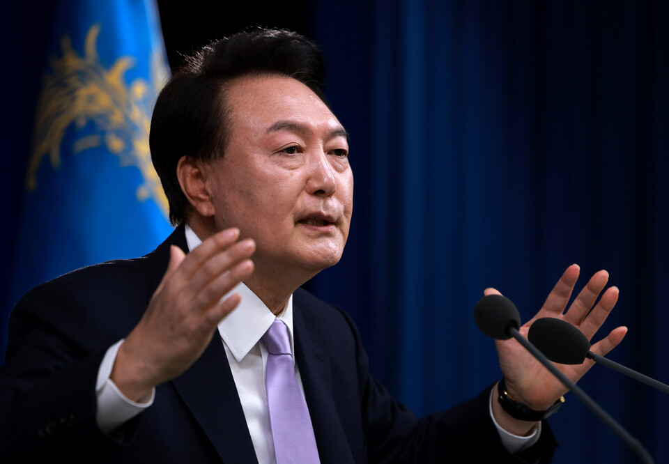 윤석열 대통령이 7일 서울 용산 대통령실 청사 브리핑실에서 '대국민담화 및 기자회견'을 진행하고 있다. / 사진=연합뉴스