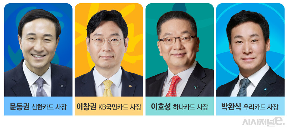 (왼쪽부터) 문동권 신한카드 사장, 이창권 KB국민카드 사장, 이호성 하나카드 사장, 박완식 우리카드 사장 / 그래픽=김은실 디자이너