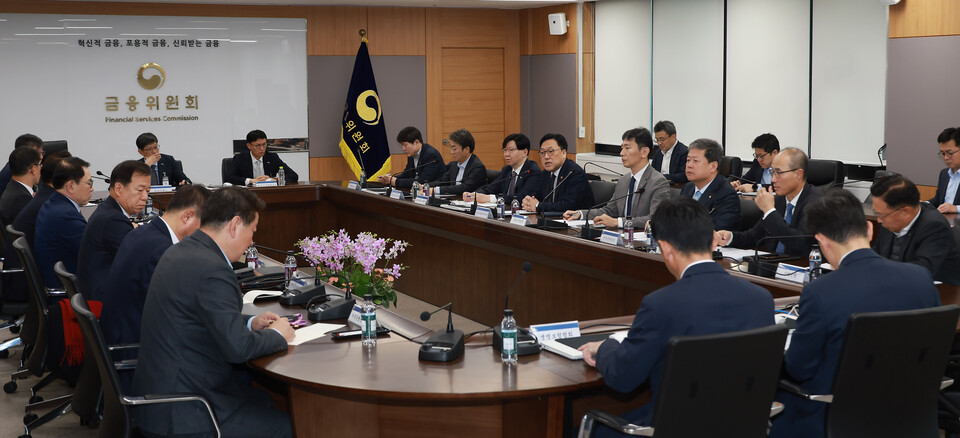 김병환 금융위원장(가운데)이 4일 서울 종로구 정부서울청사에서 열린 금융상황점검회의에서 발언하고 있다./사진=금융위원회